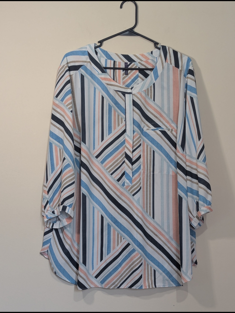 NYDJ 2X Geometric Stripe Blouse Tunic Top 3/4 Sleeve Split Neck Plus Size Boho